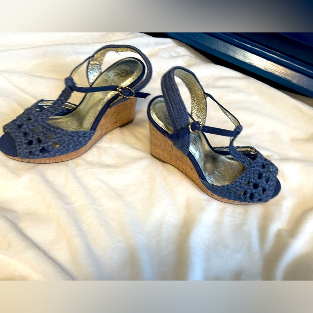 Adrianna Papell wedge sandals with braided macrame top. Size 6 with 4” heels.